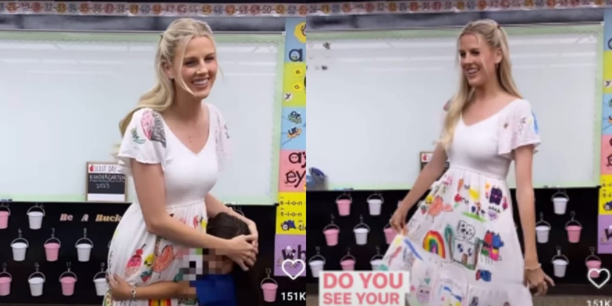 Video of primary teacher wearing dress colored by her class adored by netizens